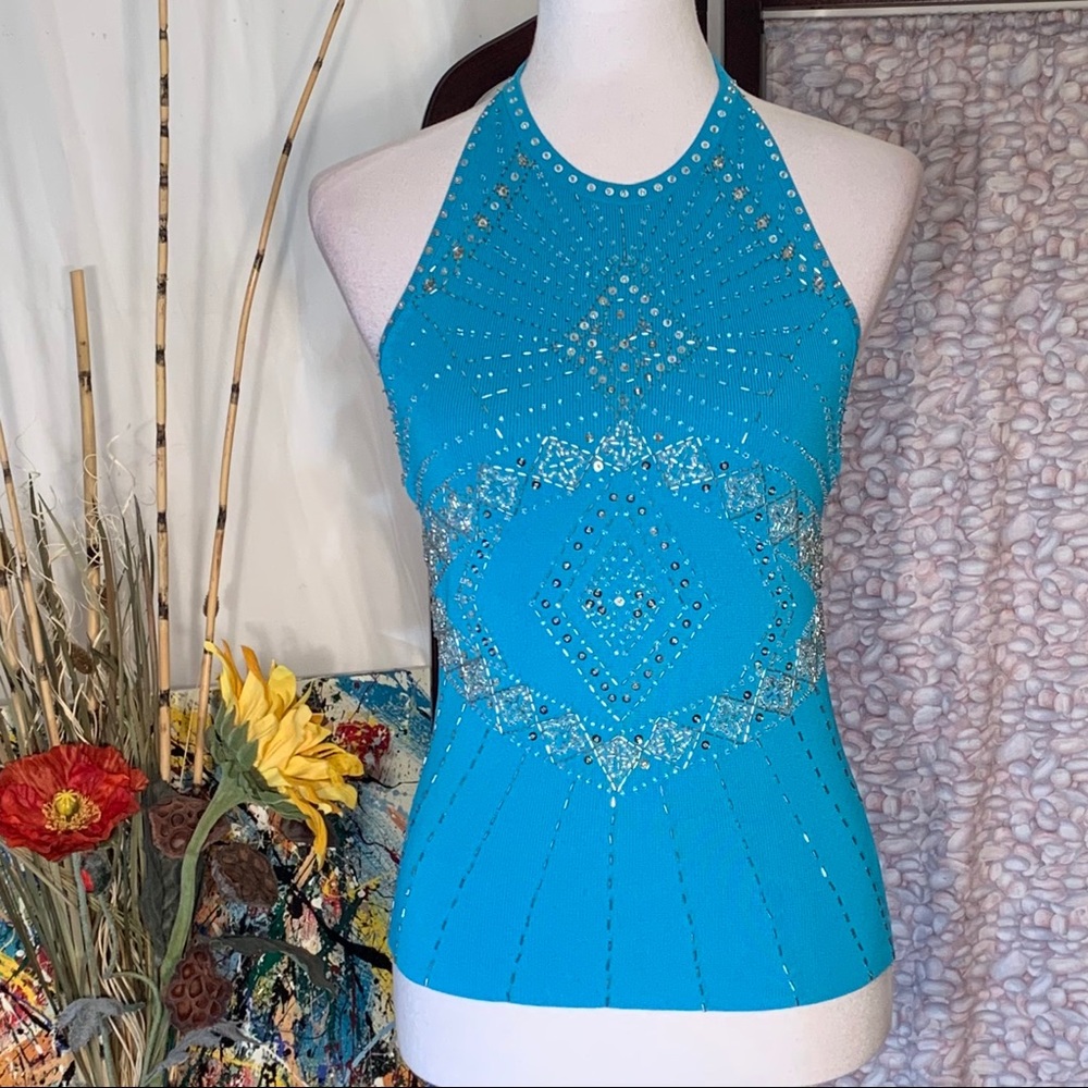 Cache blue halter tee top with beads and sequins. - Picture 3 of 8